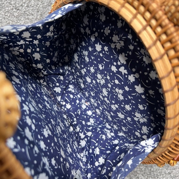 Womens Round Woven Straw Rattan Crossbody Bag Tan Leather Strap Floral Lined - Picture 16 of 16